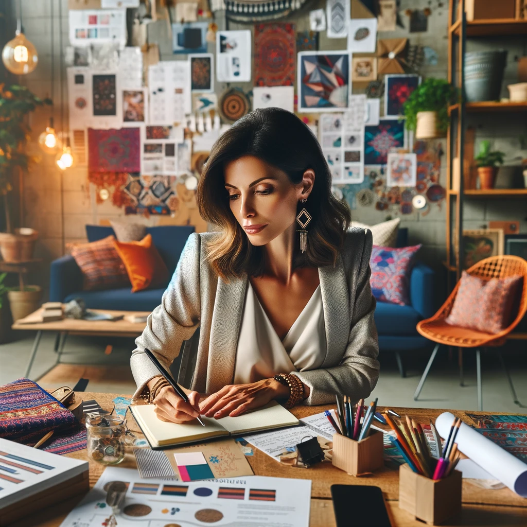 image of an elegant female entrepreneur in her vibrant, eclectic office